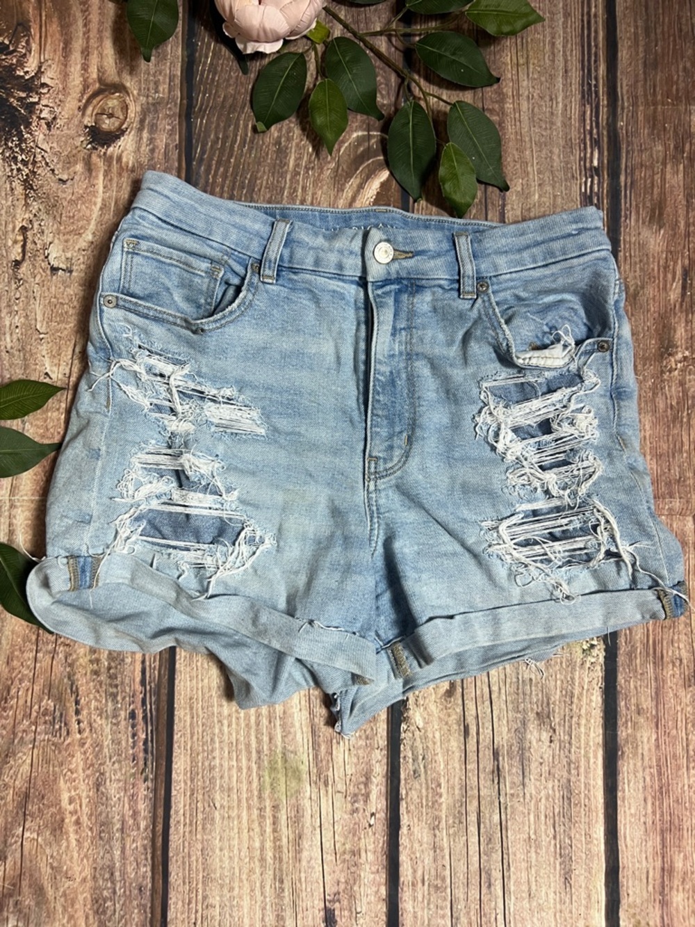 American eagle woman's mom shorts light blue distressed denim shorts embroidery